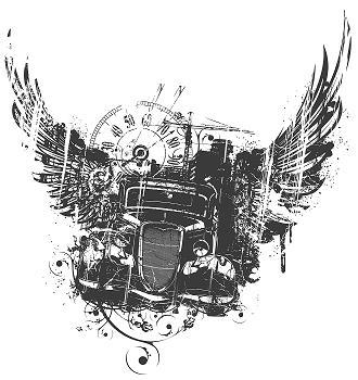 The logo, a hand drawn vintage car with tattoo style wings and flourishes